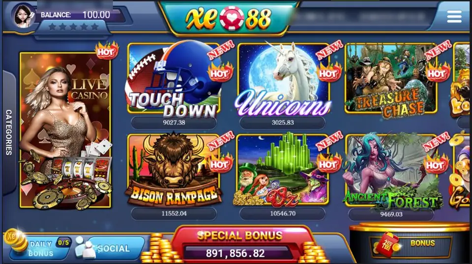 XE88 lobby with a balance of 100.00 and star bar at top left, tiles for Touch Down, Unicorns, Treasure Chase, Bison Rampage, Oz and Ancient Forest, and a Special Bonus counter