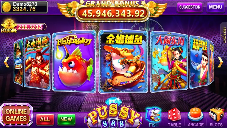 Pussy888 lobby carousel showing fish games such as Fishing Joy, Jin Chan Bu Yu and Da Nao Dong Hai, with a Grand Bonus counter at the top and category buttons along the bottom