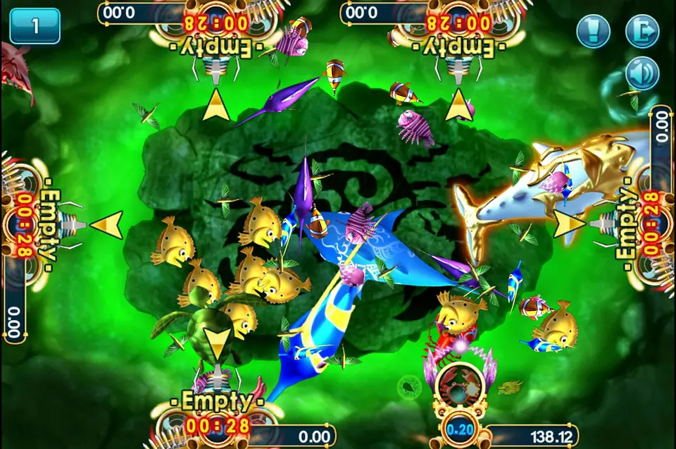 3Win8 fish shooting table on a green seabed with a golden shark, yellow pufferfish and five empty seats counting down