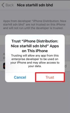 Second iOS confirmation asking to trust Nice starhill sdn bhd apps, with the red Trust button highlighted