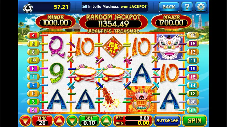 Wealth's Treasure slot showing line 20, bet 0.10, total bet 2.00 and a balance of 57.21, with Minor, Random and Major jackpot counters above