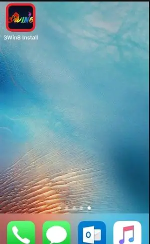 iPhone home screen with the 3Win8 icon labelled 3Win8 Install in the top corner