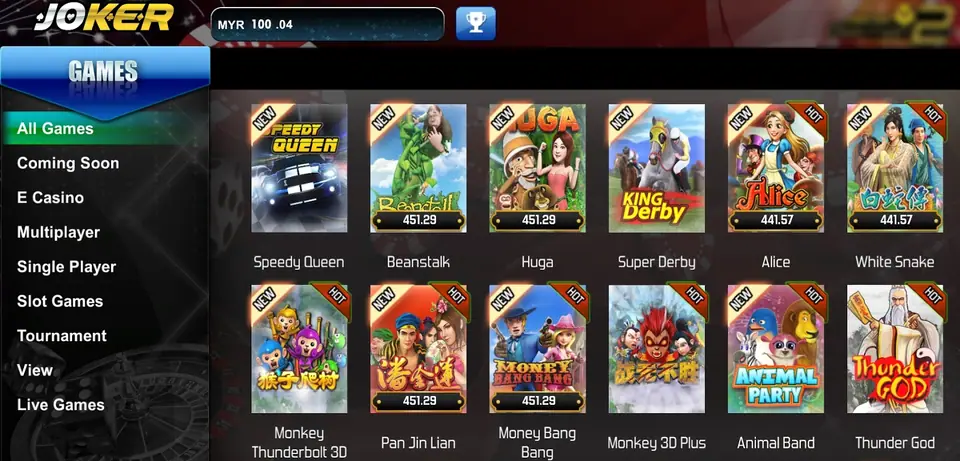 Joker123 games lobby with a category sidebar on the left and slot tiles including Speedy Queen, Beanstalk, Huga, Super Derby, Alice and Thunder God