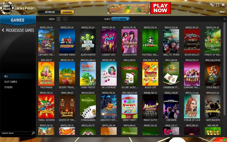 Lucky Palace slots lobby on the Progressive Games tab, with RM jackpot figures above tiles such as Highway Kings, Silver Bullet, Funky Fruits and Safecracker