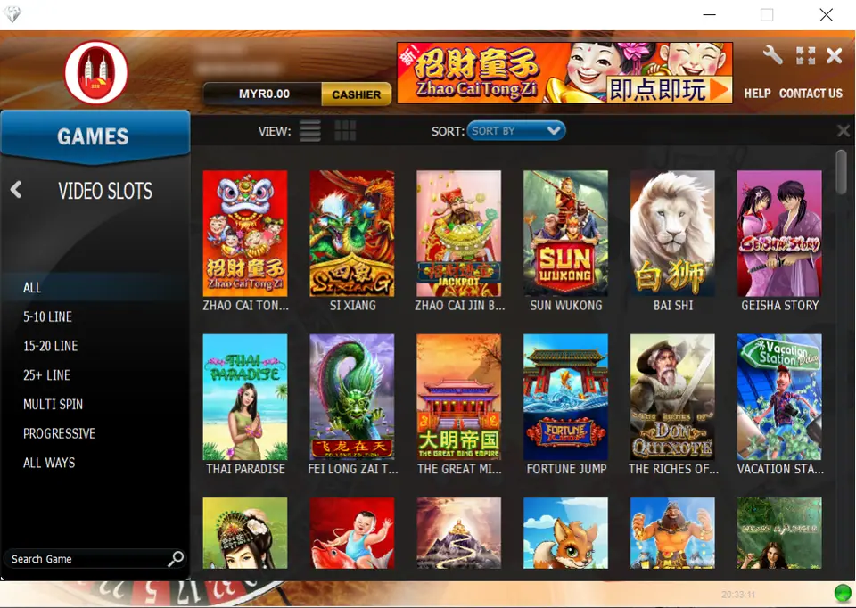 NTC33 Newtown Windows client on the Video Slots screen with filters for line count and tiles such as Zhao Cai Tong Zi, Sun Wukong, Bai Shi and Geisha Story