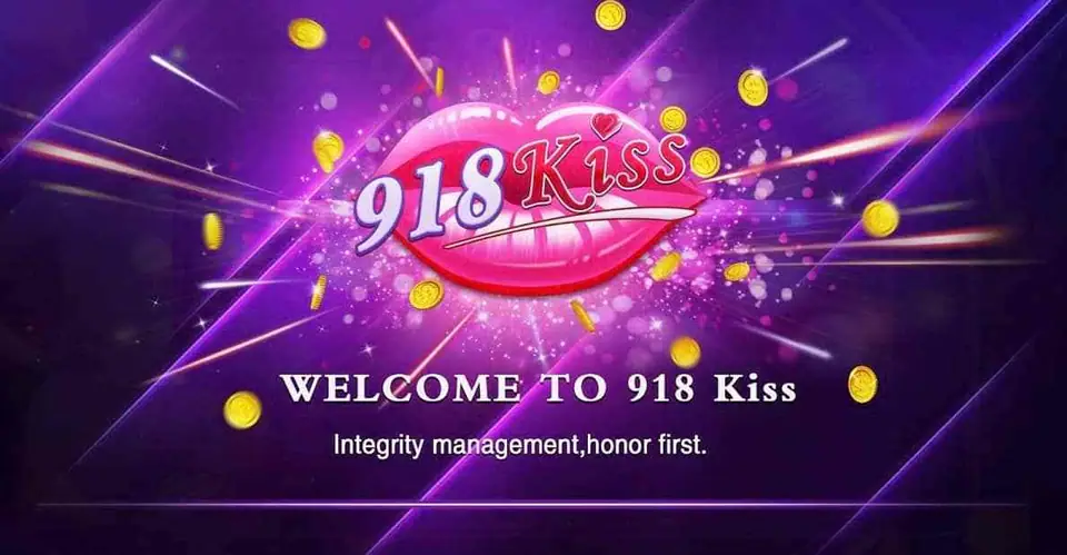 918Kiss welcome screen with the red lips logo, gold coins on a purple background and the line 'Integrity management, honor first'