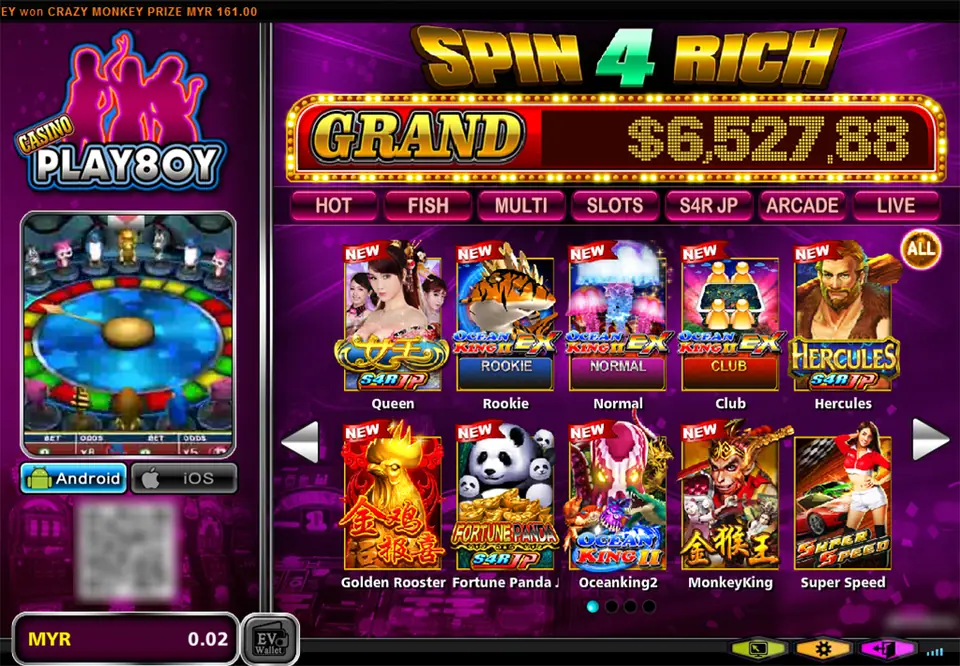 Play8oy lobby with the Spin 4 Rich Grand jackpot banner, category tabs and tiles for Queen, Ocean King II EX Rookie, Normal and Club rooms, Hercules and Fortune Panda