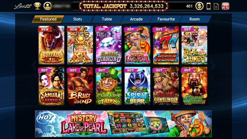 Live22 lobby on the Featured tab with a Total Jackpot bar across the top and slot tiles such as Buffalo Blaze, God of Sun, Samurai Sensei and Spirit Bear