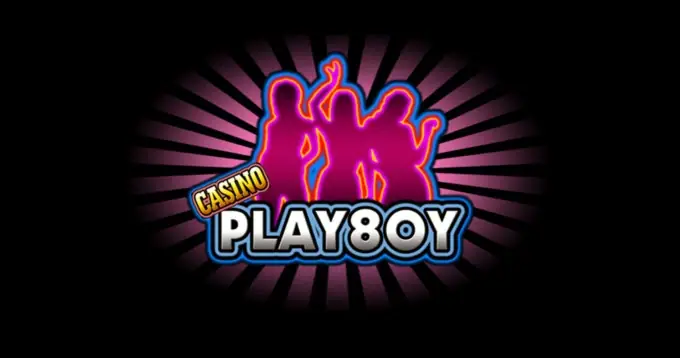 Casino Play8oy logo in pink and silver lettering on a black starburst background