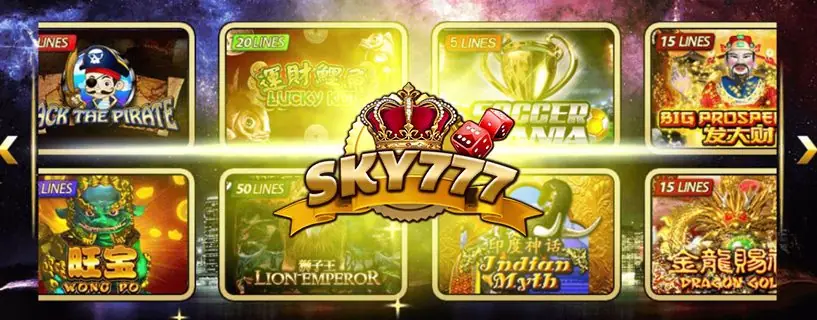Sky777 crown logo over a strip of slot tiles including Indian Myth and Lion Emperor