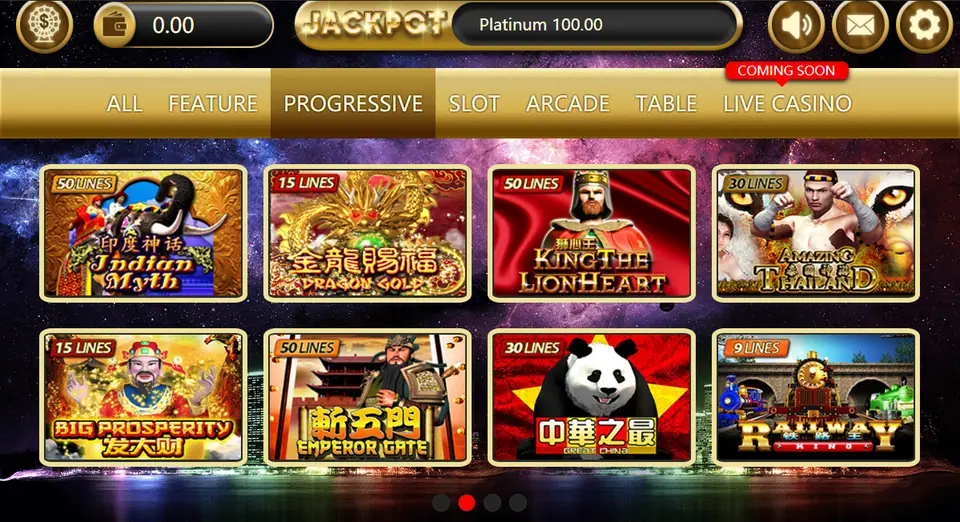 Sky777 lobby on the Progressive tab with tiles for Indian Myth, Dragon Gold, King the Lionheart and Railway King, each showing its line count