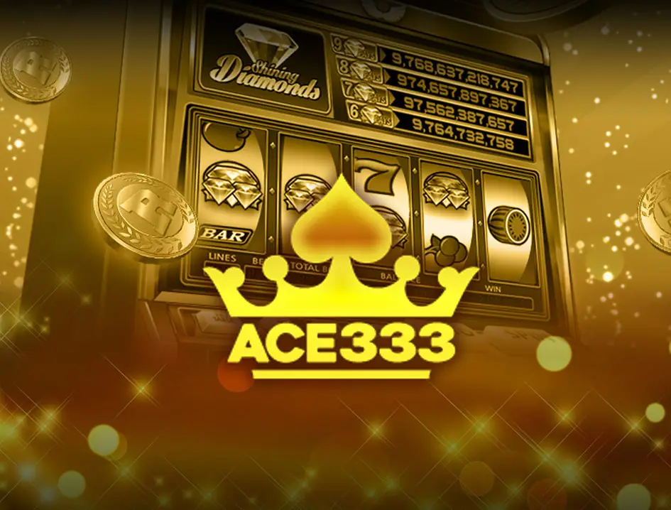 Gold ACE333 crown logo in front of a slot machine with a BAR symbol