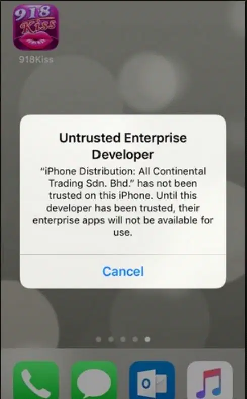 iPhone pop-up reading Untrusted Enterprise Developer with a single Cancel button