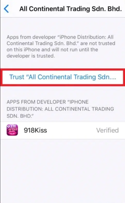 Trust screen listing 918Kiss as Verified under the developer, with the blue Trust button at the top