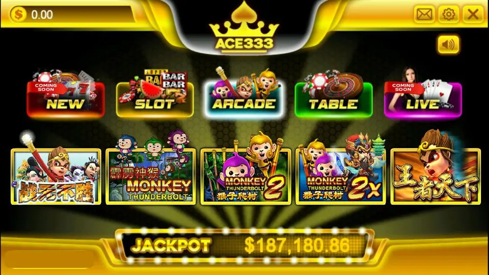 ACE333 lobby in black and gold with New, Slot, Arcade, Table and Live buttons, a row of Monkey Thunderbolt arcade games and a jackpot bar at the bottom