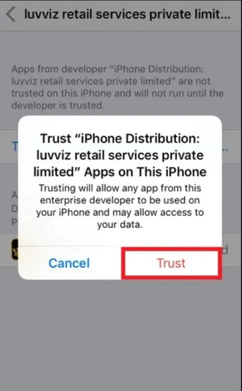 Second confirmation box on iPhone with Cancel on the left and Trust highlighted on the right
