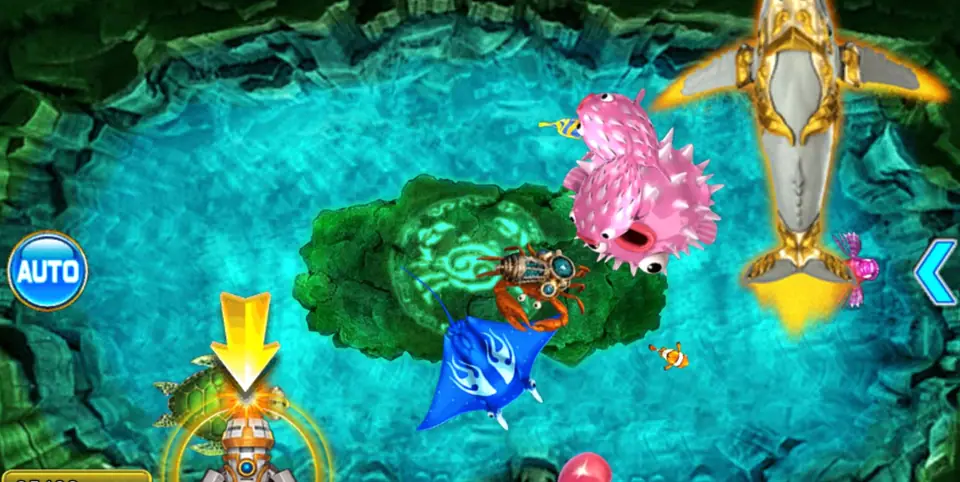 ACE333 fishing table with a single cannon at the bottom and fish swimming across a green reef