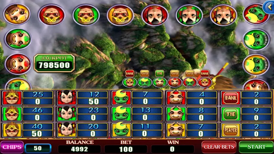 Battle World betting board on 918Kiss with twelve character boxes in red, green and yellow, BANK, TIE and PLAYER boxes, jackpot 798500, bet 100