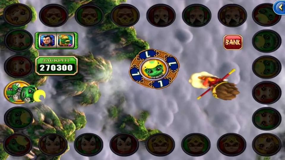 Battle World result with a green ogre circle lit on the left of the ring, a matching medallion in the centre and jackpot 270300