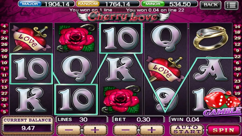 Cherry Love slot on 918Kiss paying 0.04 on line 22 with three silver 10 symbols, tattoo hearts reading LOVE and red roses, bet 0.30