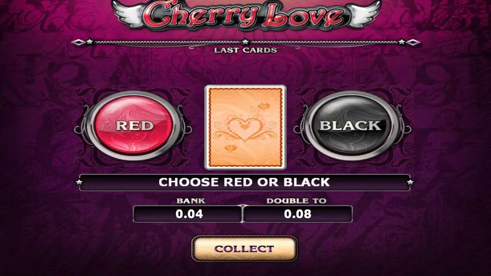 Cherry Love Red or Black gamble screen with a heart-backed card, BANK 0.04 and DOUBLE TO 0.08, and a COLLECT button
