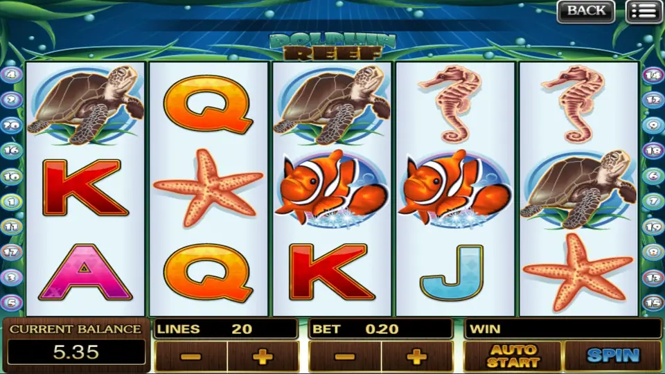Dolphin Reef slot on 918Kiss with sea turtles, clownfish, seahorses and starfish among Q, K, A and J symbols, 20 lines at bet 0.20