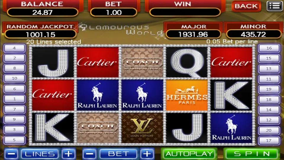 Glamourous World reels with diamond-studded J, Q and K symbols among coloured luxury-brand logo tiles, balance 24.87 and BET 1.00