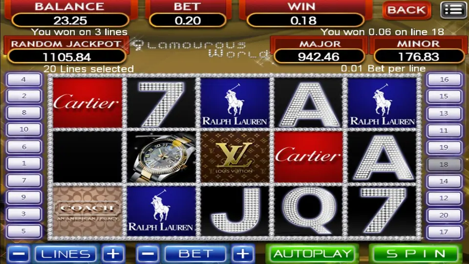 Glamourous World slot on 918Kiss with diamond-studded 7, A, J and Q symbols, luxury-brand logo tiles and a two-tone wristwatch, WIN 0.18