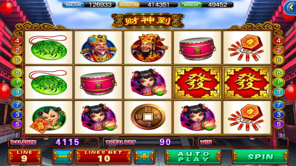 God of Wealth slot on 918Kiss under a 财神到 banner, with Cai Shen, a smiling elder, jade pendants, drums and two red Fa tiles, total bet 90