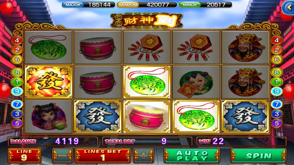 God of Wealth win with highlighted Fa tiles, jade pendants and a drum, balance 4119, total bet 9 and WIN 22