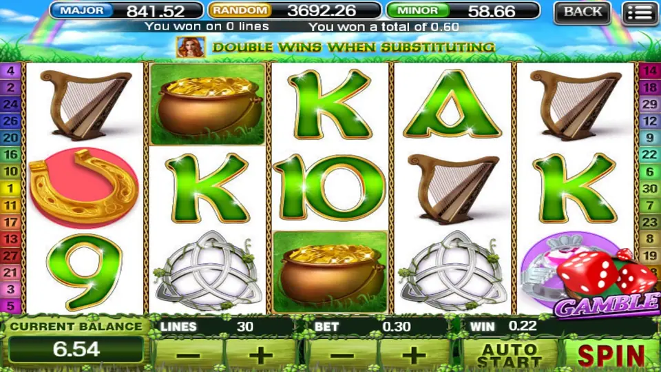 Irish Luck reels on 918Kiss with harps, pots of gold, a golden horseshoe and Celtic knots, 30 lines at bet 0.30 and a GAMBLE button