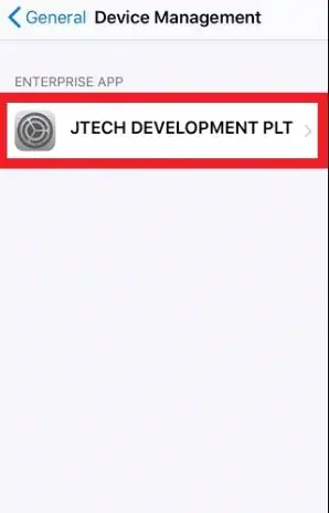 Enterprise App section showing JTECH DEVELOPMENT PLT in a highlighted box