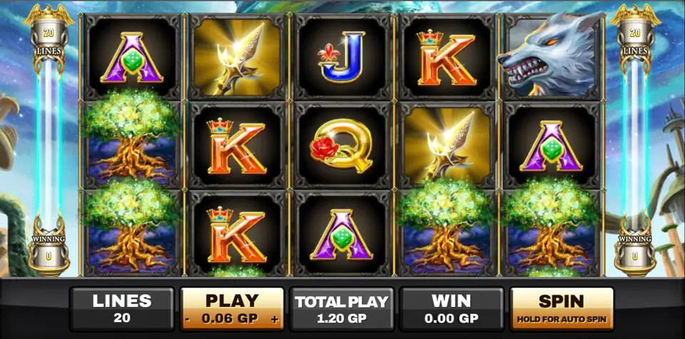 Yggdrasil slot with a wolf and tree symbols, bottom bar showing 20 lines, 0.06 GP per line and 1.20 GP total play