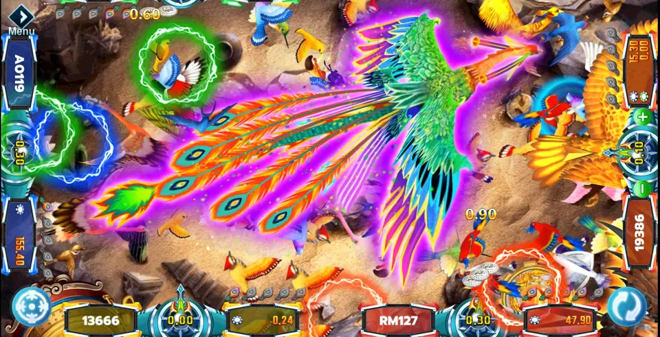 Bird Paradise fishing table with a large peacock, cannon values of 0.10 and 0.30 at the seats and balances along the edges
