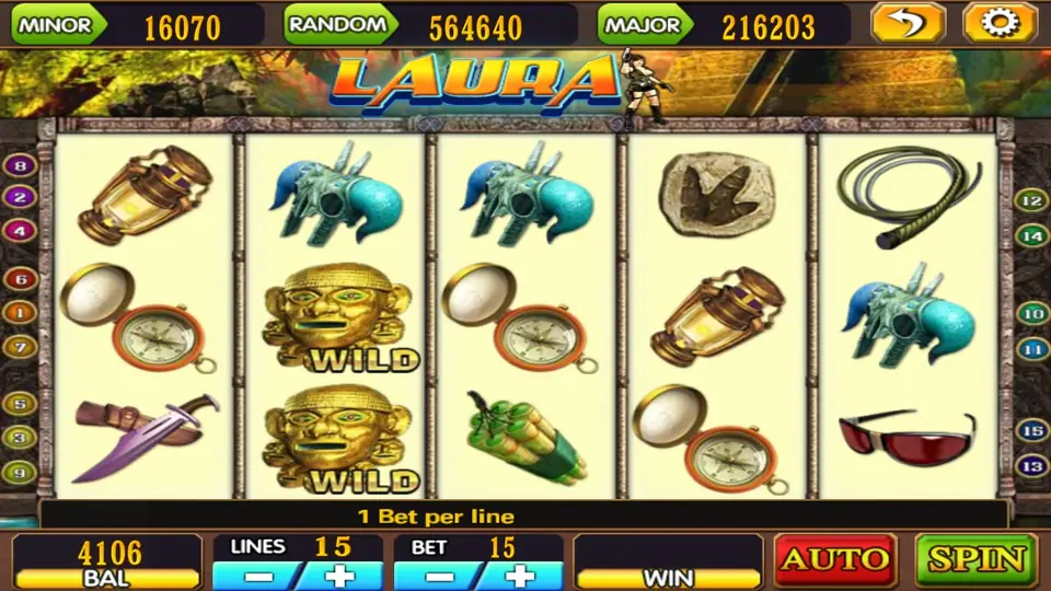 Laura slot on 918Kiss with two golden mask WILD symbols on reel 2, compasses, lanterns, a whip and blue jade idols, 15 lines at 15 bet