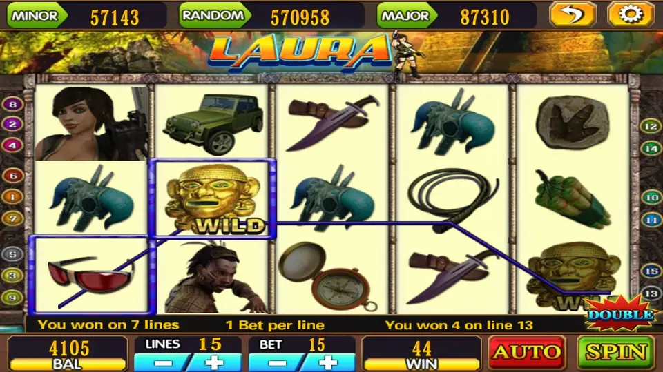 Laura win with the golden mask WILD on reel 2 joining a line, text reading You won on 7 lines and You won 4 on line 13, WIN 44