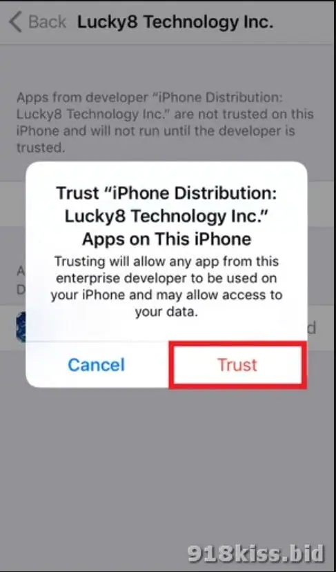 Confirmation box asking to trust Lucky8 Technology Inc. apps on this iPhone, Trust button marked in red