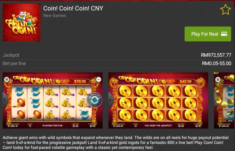 Coin Coin Coin CNY game card with a jackpot figure of RM972,557.77 and bet per line RM0.05-55.00