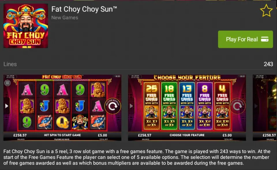 Fat Choy Choy Sun card showing 243 lines and a Choose Your Feature screen with five free-game options