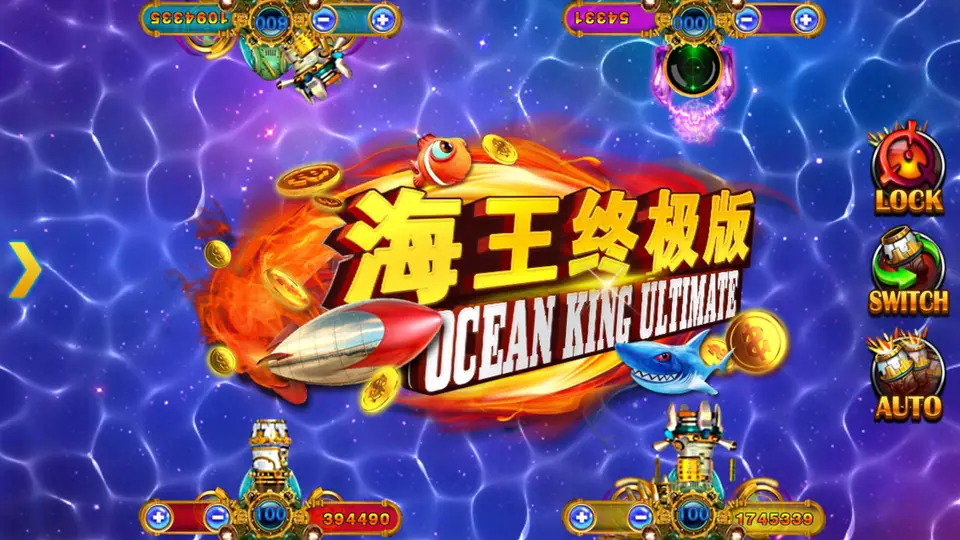 Ocean King Ultimate fish table with four cannon stations, bet level controls and Lock, Switch and Auto buttons on the right