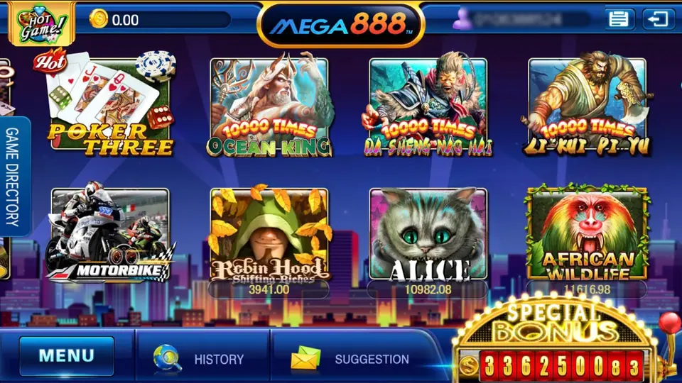 Mega888 lobby on the Hot Game tab with tiles for Poker Three, 10000 Times Ocean King, Li Kui Pi Yu, Motorbike, Robin Hood, Alice and African Wildlife