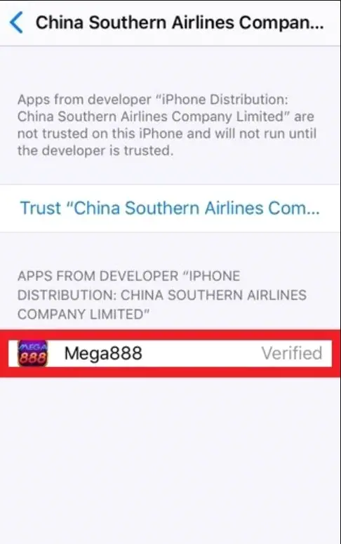 Settings screen showing Mega888 marked Verified under the enterprise developer