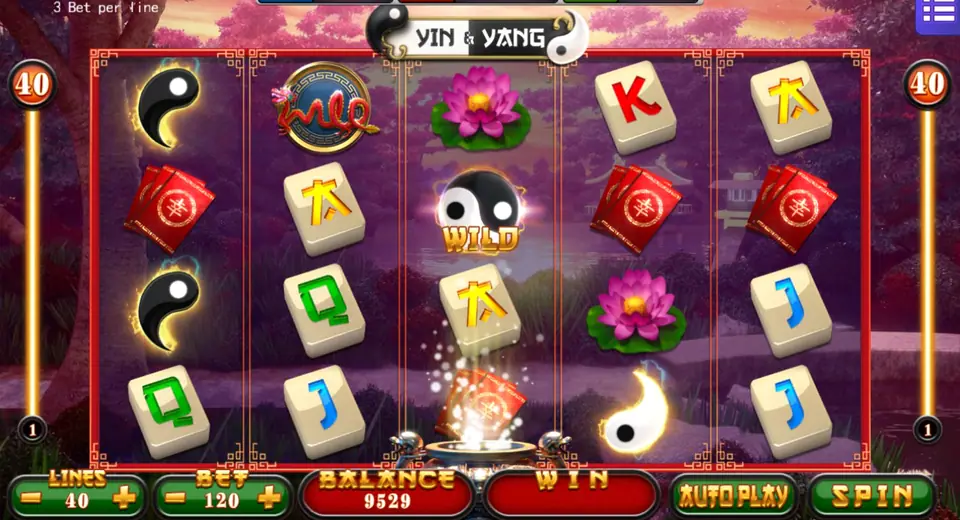 Yin and Yang slot with 40 lines, bet 120, a balance of 9529 and a note of 3 bet per line at the top