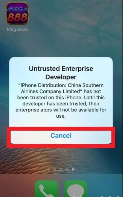 Untrusted Enterprise Developer warning on iPhone naming China Southern Airlines Company Limited