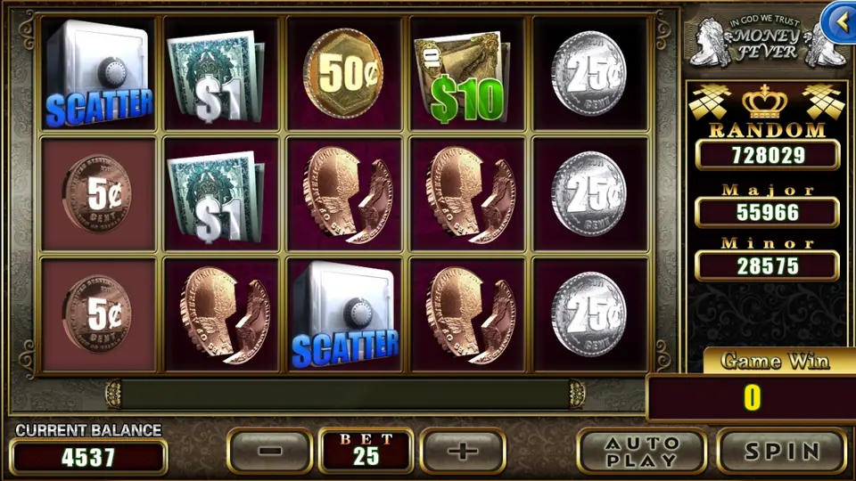 Money Fever grid with two steel safe SCATTER symbols, a green $10 note and 25 cent coins, bet 25 and balance 4537