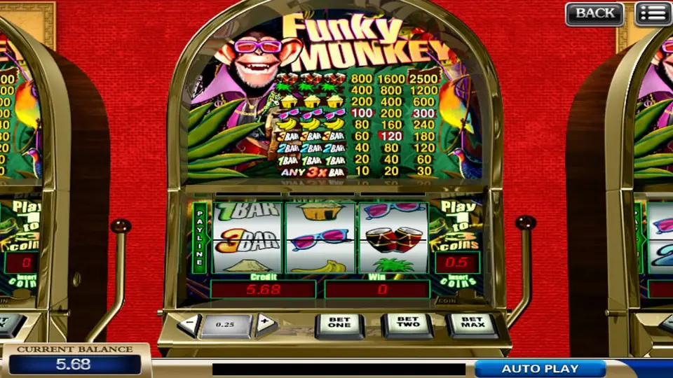 Funky Monkey 3-reel slot on 918Kiss with the grinning monkey in pink sunglasses above the paytable and a 5.68 current balance