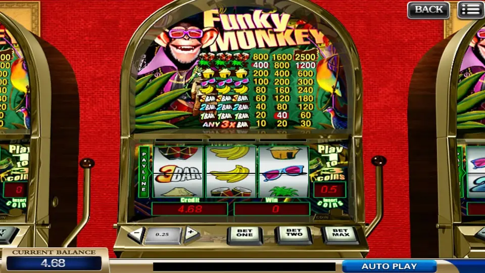 Funky Monkey reels showing 3BAR, bananas and sunglasses on the single payline, credit 4.68