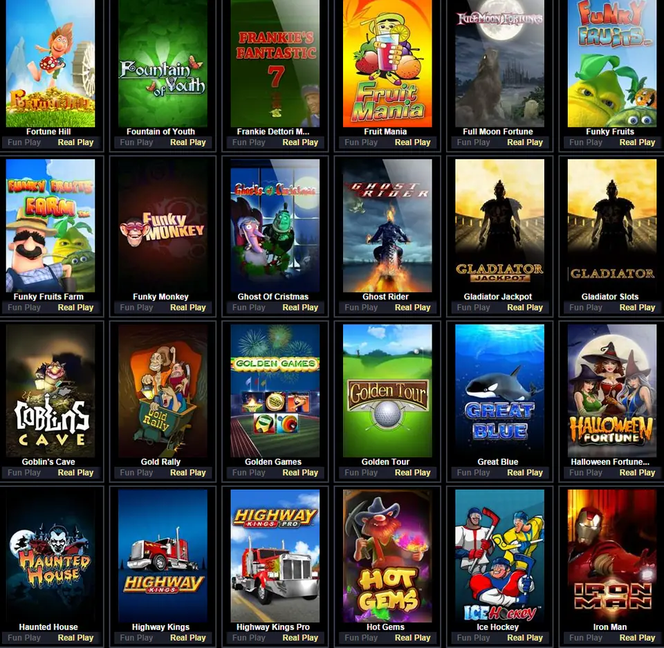 NTC33 slot grid with Fun Play and Real Play buttons under tiles including Fortune Hill, Funky Monkey, Gladiator, Gold Rally, Great Blue, Highway Kings and Iron Man