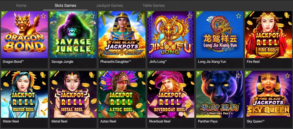 NTC33 Slots Games tab with tiles for Dragon Bond, Savage Jungle, Pharaoh's Daughter, Jinfu Long and several Jackpot Reel games