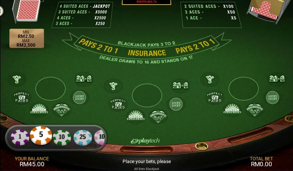 All Bets Blackjack table with a MIN RM2.50 and MAX RM2,500 sign, side bets such as 21+3 and Perfect Pairs, and a balance of RM45.00